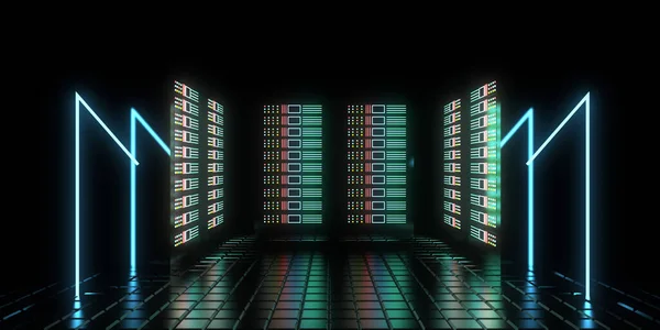 Futuro Concetto Datacenter Con Luci Neon Illustrazione — Foto Stock