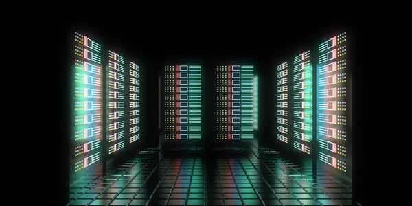 Futuro Concetto Datacenter Con Luci Neon Illustrazione — Foto Stock