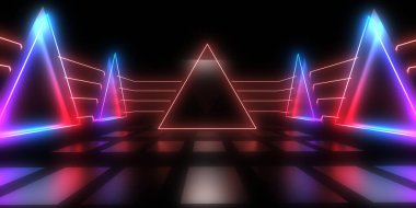 Üç boyutlu soyut arkaplan ve neon ışıkları. neon tünel 3d illüstrasyon