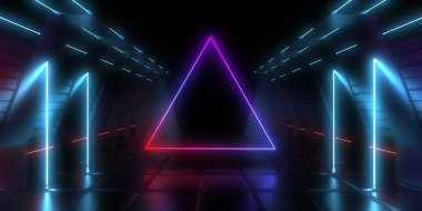 Üç boyutlu soyut arkaplan ve neon ışıkları. Neon tüneli. Uzay inşaatı. 3d illüstrasyon