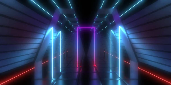 Sfondo Astratto Con Luci Neon Costruzione Tunnel Neon Space Illustrazione — Foto Stock