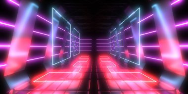 Üç boyutlu soyut arkaplan ve neon ışıkları. Neon tüneli. Uzay inşaatı. 3d illüstrasyon