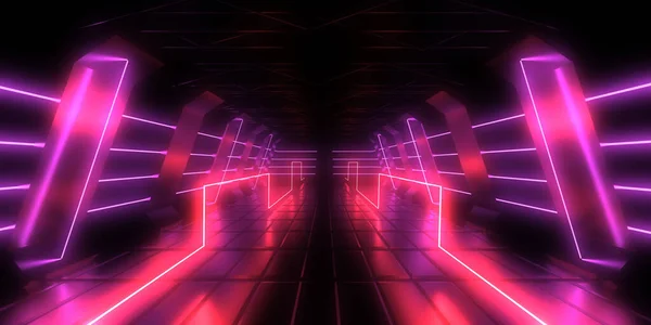 Fundo Abstrato Com Luzes Néon Neon Túnel Space Construção Ilustração — Fotografia de Stock