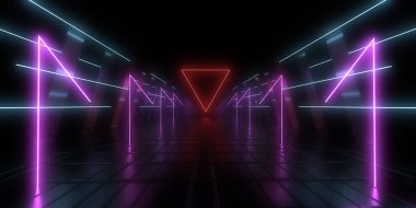 Üç boyutlu soyut arkaplan ve neon ışıkları. Uzay yapımı. 3d illüstrasyon