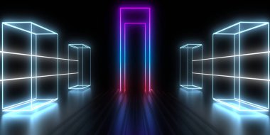 Üç boyutlu soyut arkaplan ve neon ışıkları. 3d illüstrasyon