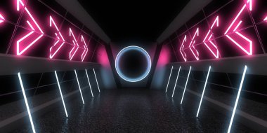Üç boyutlu soyut arkaplan ve neon ışıkları. Neon tüneli. Uzay inşaatı. 3d illüstrasyon