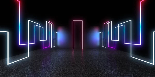 Fundo Abstrato Com Luzes Néon Neon Túnel Space Construção Ilustração — Fotografia de Stock