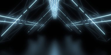 Üç boyutlu soyut arkaplan ve neon ışıkları. Uzay yapımı. 3d illüstrasyon