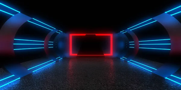 Sfondo Astratto Con Luci Neon Costruzione Tunnel Neon Space Illustrazione — Foto Stock