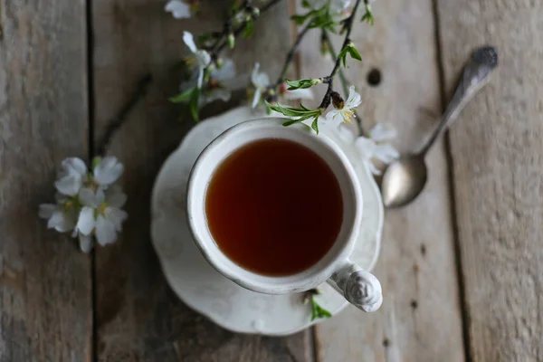 Filiżanka Herbaty Drewnianym Stole Kwiat Migdałów — Zdjęcie stockowe