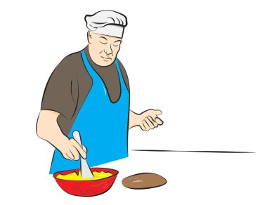 Adam mutfakta yemek pişiriyor.