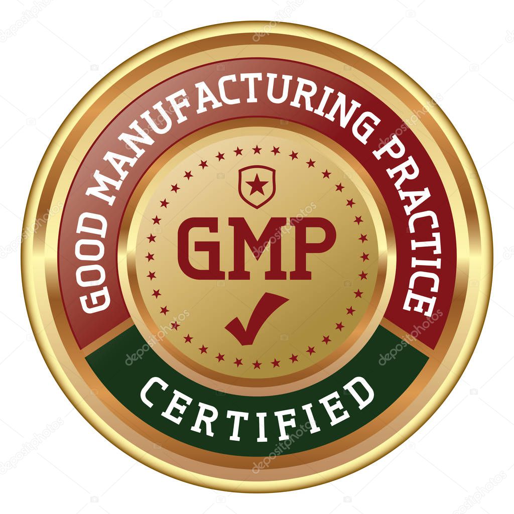 GMP. Good Manufacturing Practice. Vector Golden Badge.
