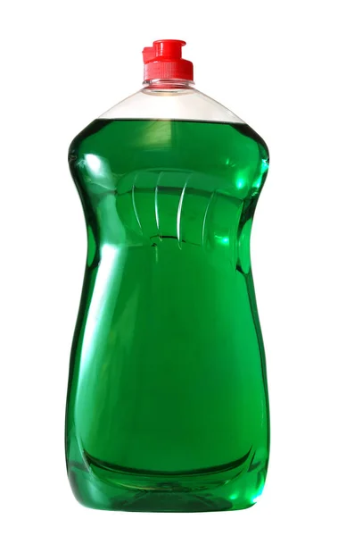 Équipement de nettoyage .colored bouteilles en plastique avec détergent isolé sur fond blanc  . — Photo