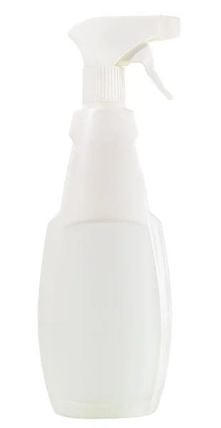 Frasco de spray de plástico com limpador isolado em fundo branco — Fotografia de Stock