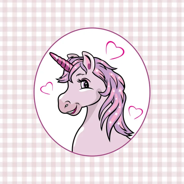 Fond Carreaux Rose Avec Une Licorne Heureuse Dans Cadre — Image vectorielle