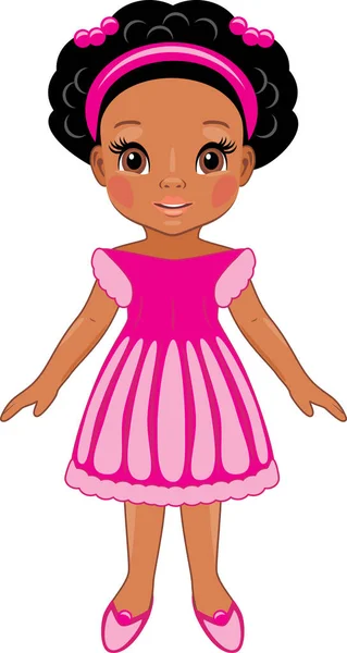 Fashionable Afro Little Girl Pink Dress Cartoon Drawing — Stock Vector