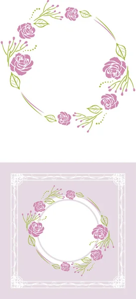 Stylized Wreath Purple Roses Greeting Card — Stock Vector