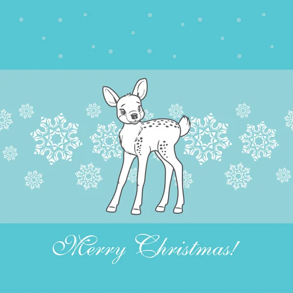 Cute Baby Deer Niebieskim Tle Płatki Śniegu — Wektor stockowy
