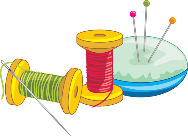 Two spools of thread with needle and dressmaking pins