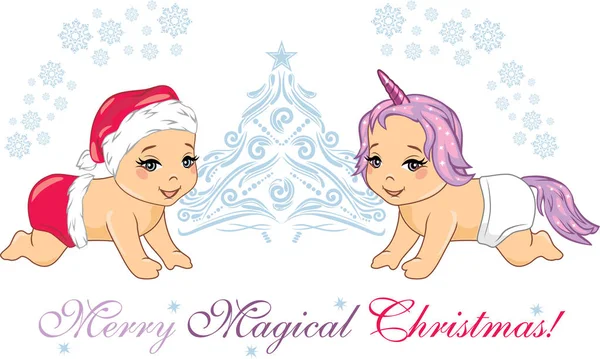 Twee Schattige Lachende Baby Kerstmis Rekwisieten Groet Briefkaart — Stockvector