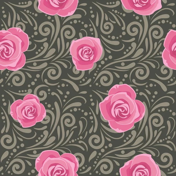 Dark Gray Seamless Decorative Pattern Pink Roses — Stock Vector
