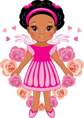 Pembe gül kalbinde arka plan üzerinde Afro küçük kız