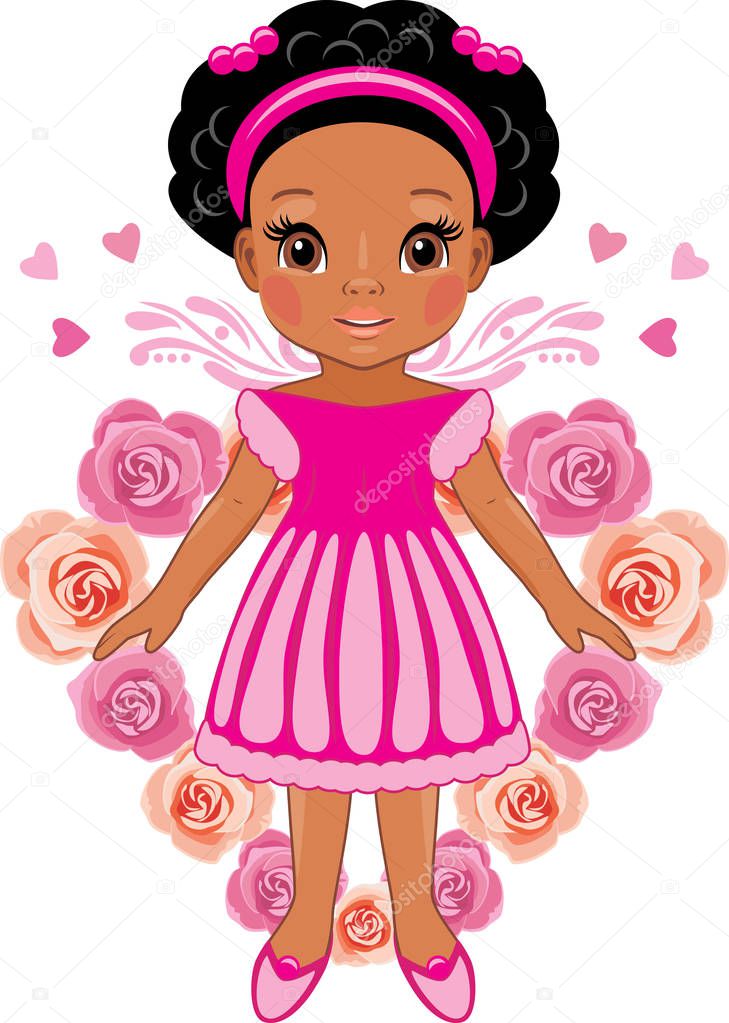 Afro little girl on the background of the heart of pink roses