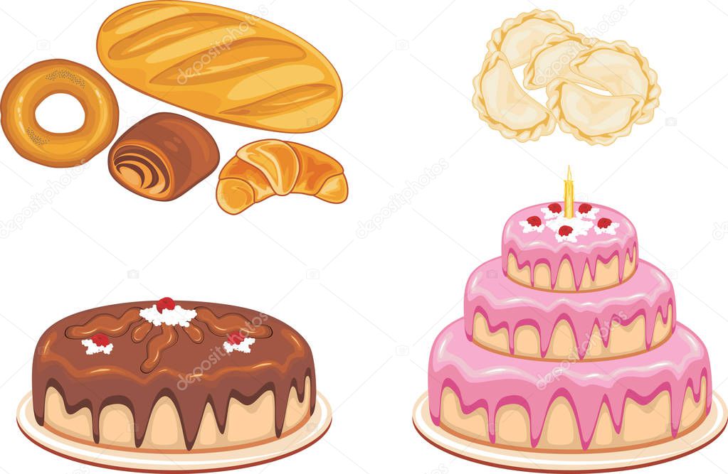 Bakery products, dumplings and cakes isolated on white