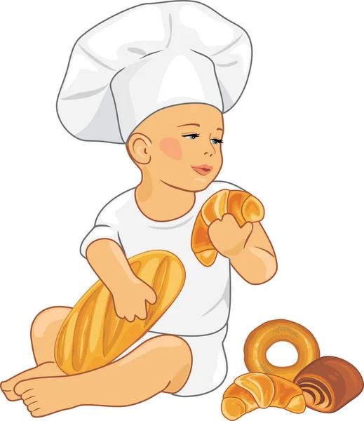 Fofo Bebê Padeiro Com Croissants Pães — Vetor de Stock