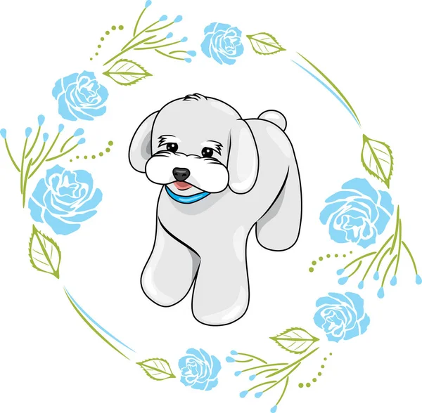 Lindo Cachorro Blanco Marco Con Rosas Azules — Vector de stock