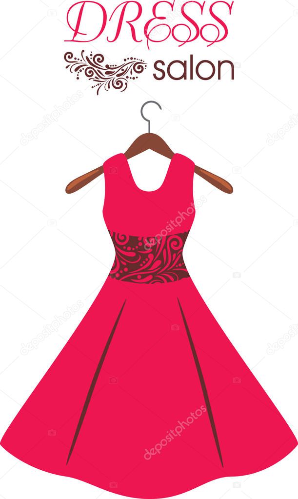 Red dress on hanger. Dress salon. Sign for fashion design