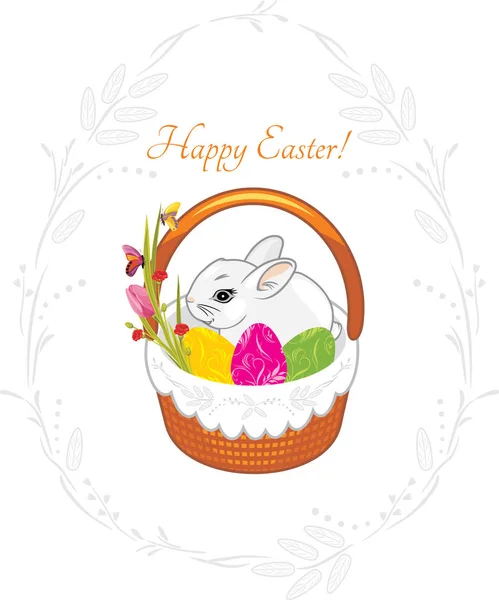 Spring Wreath Easter Basket Cute Rabbit Vintage Design Easter Card — Stock Vector