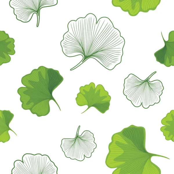 Ginkgo Biloba Leaves Green Outlined Seamless Pattern Design — Stock Vector