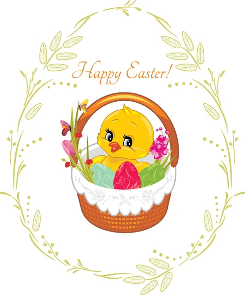 Spring Wreath Easter Basket Cute Chick Vintage Design Easter Card — Stock Vector