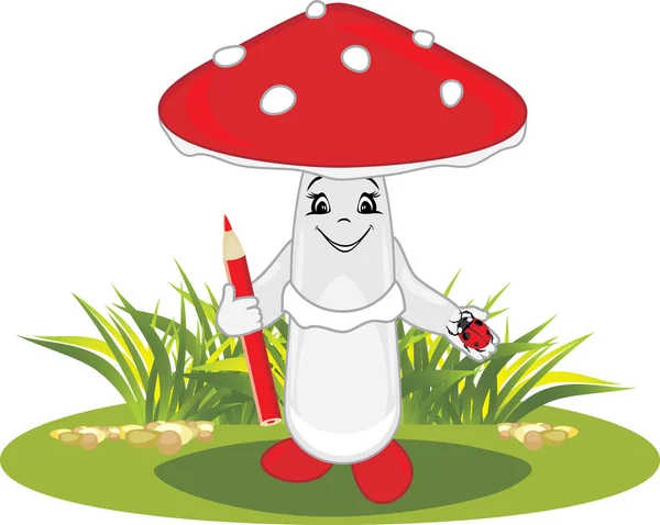 Funny Cartoon Amanita Red Pencil Ladybird His Hands — Stock Vector