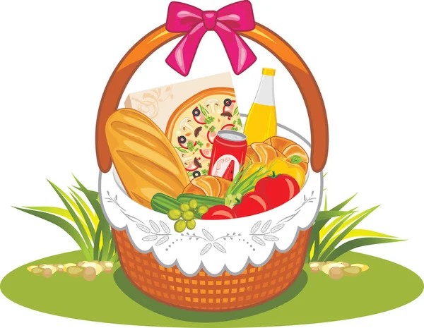 Wicker Picnic Basket Groceries — 스톡 벡터