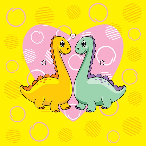 Dois Dinos Apaixonados Engraçados Fundo Amarelo Para Scrapbook — Vetor de Stock