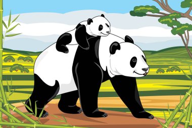 Panda anne ve bir manzara arka plan üzerinde bebeği