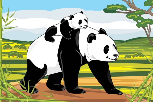 Panda Mom Her Baby Landscape Background — Stock Vector