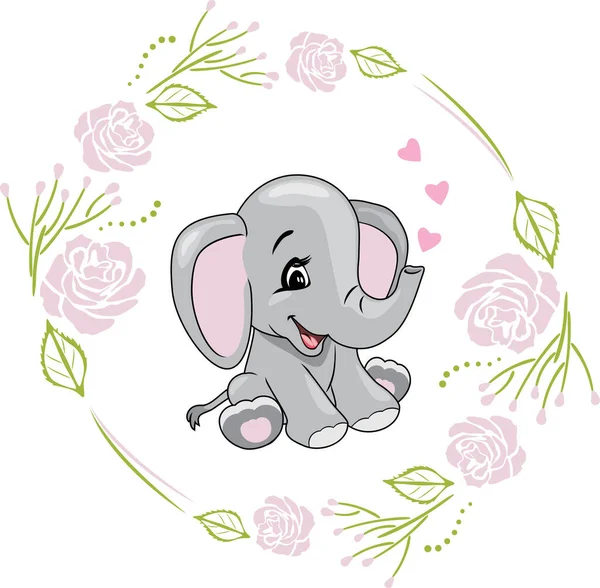Elefante Sonriente Dibujos Animados Con Corazones Marco Floral — Archivo Imágenes Vectoriales