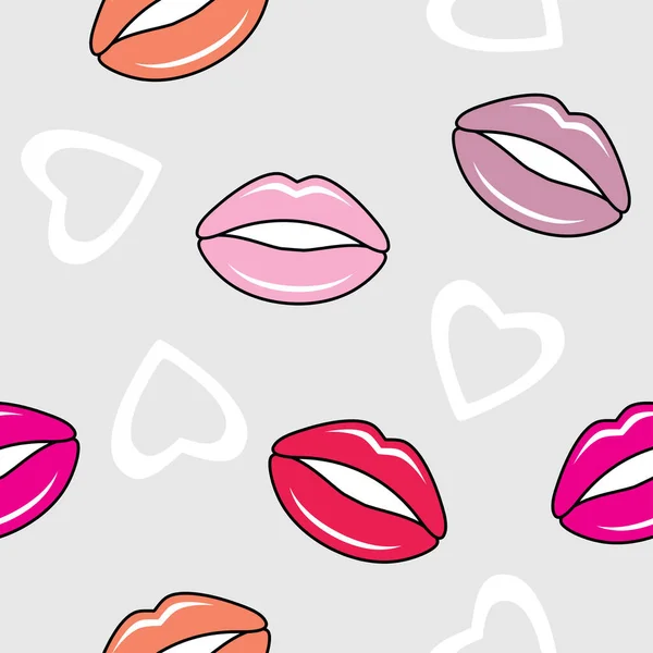 Lèvres Cœurs Sur Fond Gris Clair Modèle Sans Couture — Image vectorielle