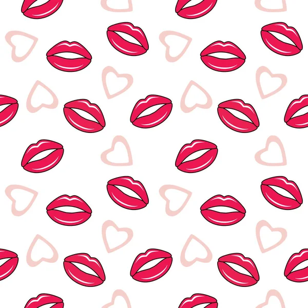 Rote Lippen Und Rosa Herzen Auf Weißem Hintergrund Nahtloses Muster — Stockvektor