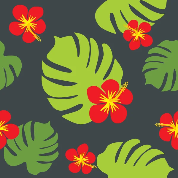 Hibiscus Monstera Een Donkere Achtergrond Naadloos Bloemenpatroon — Stockvector