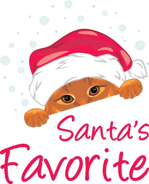 Peeping Funny Ginger Cat Christmas Cap Santa Favorite — Stock Vector
