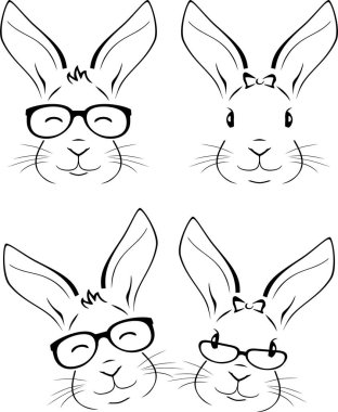 Beyaz gözlüklü komik tavşan kafaları.