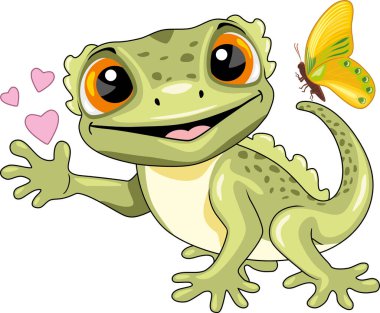 Kelebek ve kalplerle gülen komik kertenkele