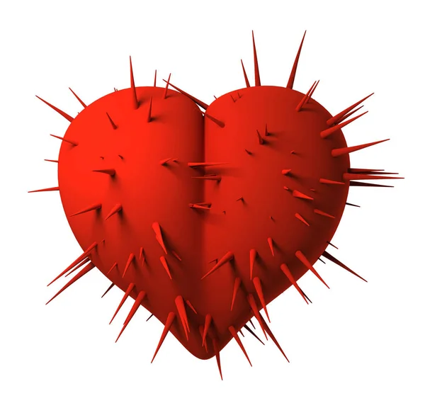 Rotes Dunkles Herz Mit Scharfen Dünnen Dornen Auf Weißem Hintergrund — Stockfoto
