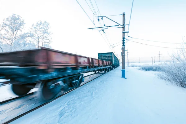 Freight Train Moving Snow Covered Railway — Stock Photo, Image