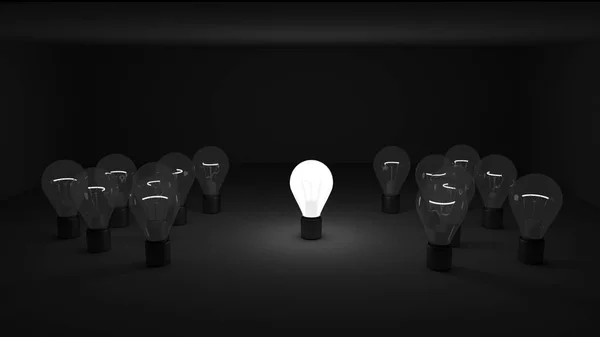 Eine Helle Lampe Zwischen Mehreren Dimmen Lampen Auf Schwarzem Hintergrund — Stockfoto