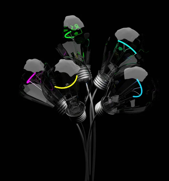 A bouquet of light bulbs in the form of flowers. Incandescent bulbs in the bouquet. 3d illustration.